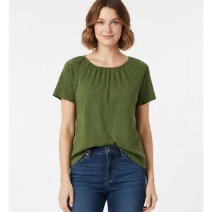CROFT & BARROW Textured Eyelet Round Neck Pullover Top, Women’s LP, Olive Green